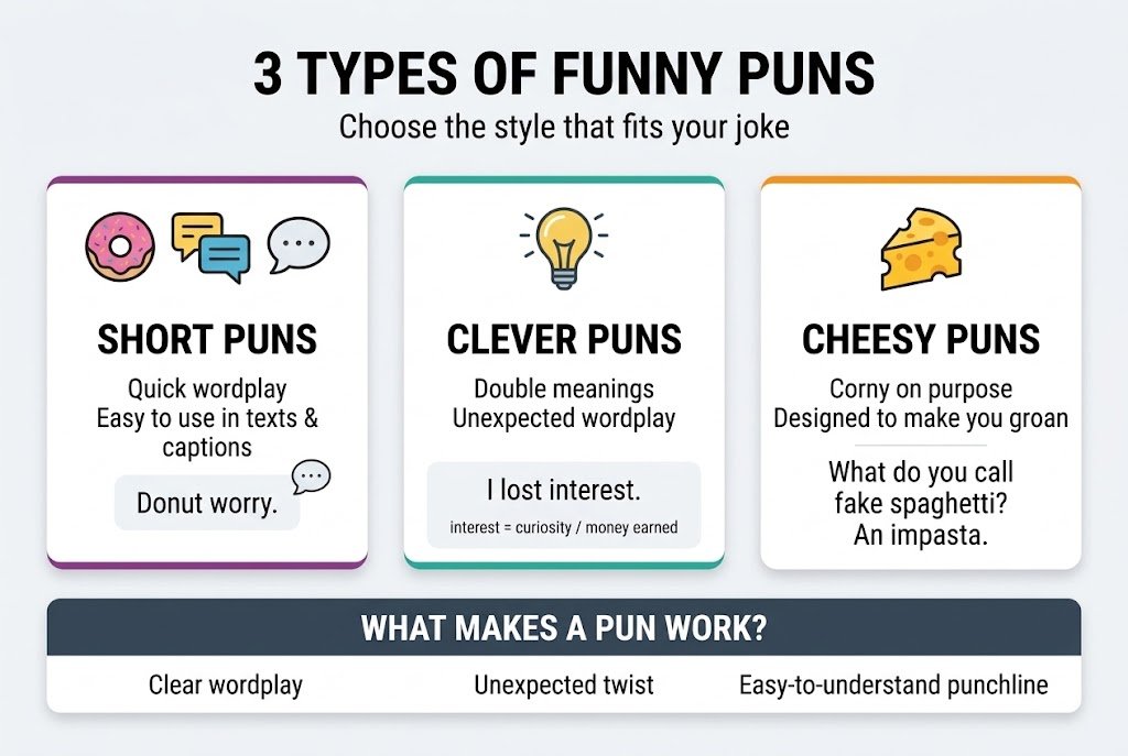 Three types of funny puns: short, clever, and cheesy puns