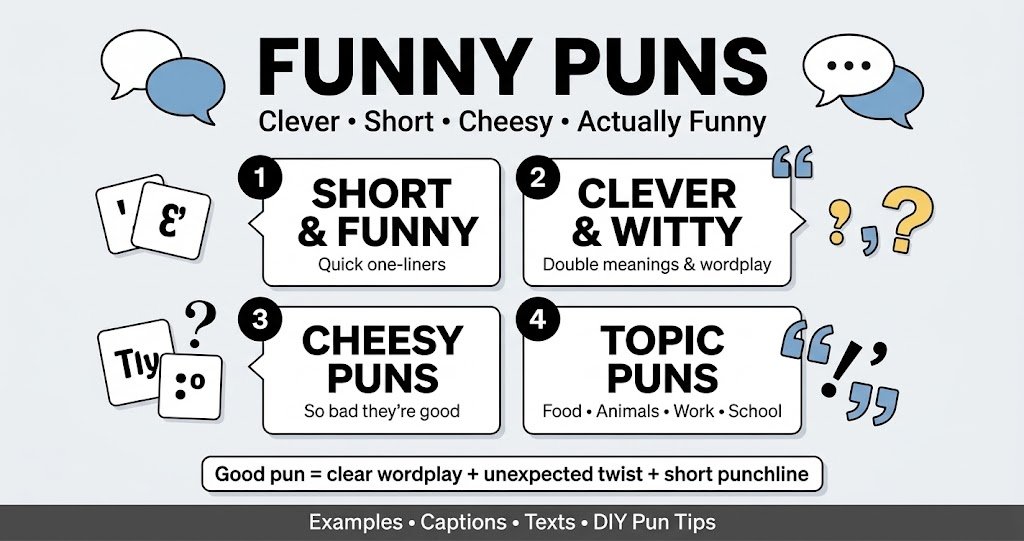 Funny puns including clever, short, cheesy, and topic-based pun examples