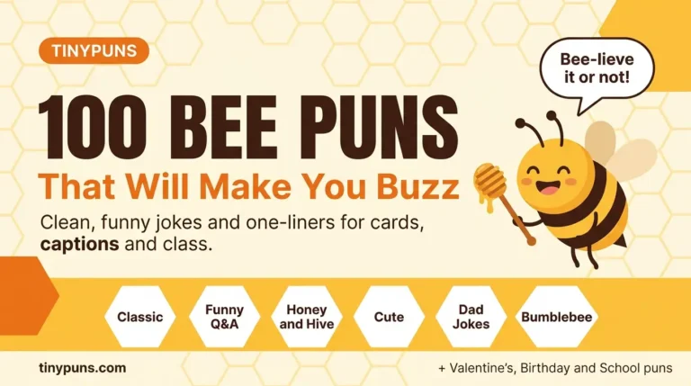 100 bee puns and jokes poster with classic, funny, cute, dad joke, and bumblebee categories