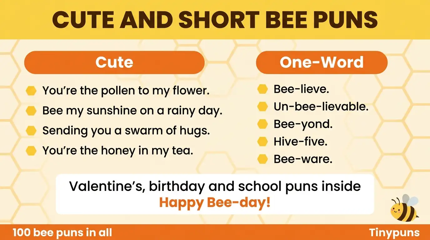 Cute and short bee puns for cards and captions, including you're the pollen to my flower and hive-five