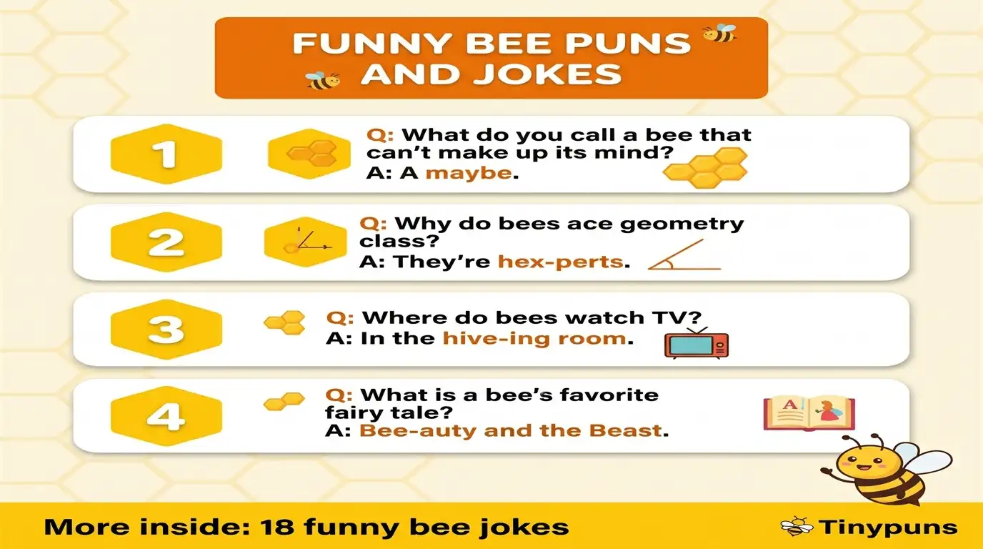 Four funny bee jokes in question and answer format, including hex-perts and bee-auty and the Beast